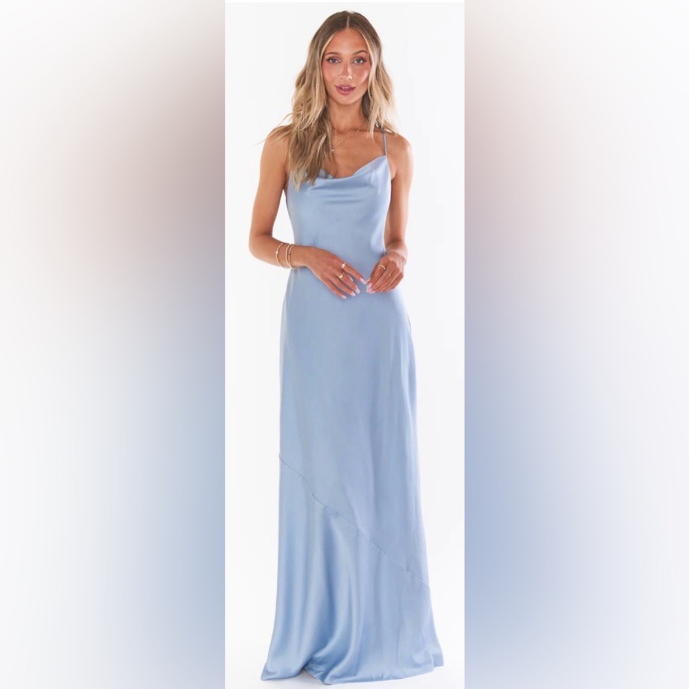 New Show Me Your Mumu Tuscany Maxi Slip Dress Steel Blue Luxe Satin L Wedding